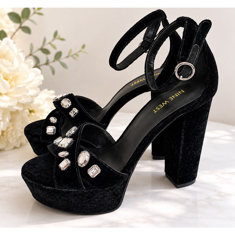 Nine West Callisto Black Velvet Rhinestone Platform Heels Sandals Size 7.5